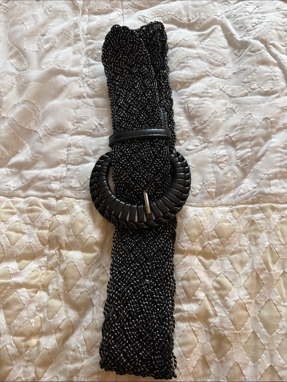 White House Black Market Black Braided Elastic Belt with Round Buckle